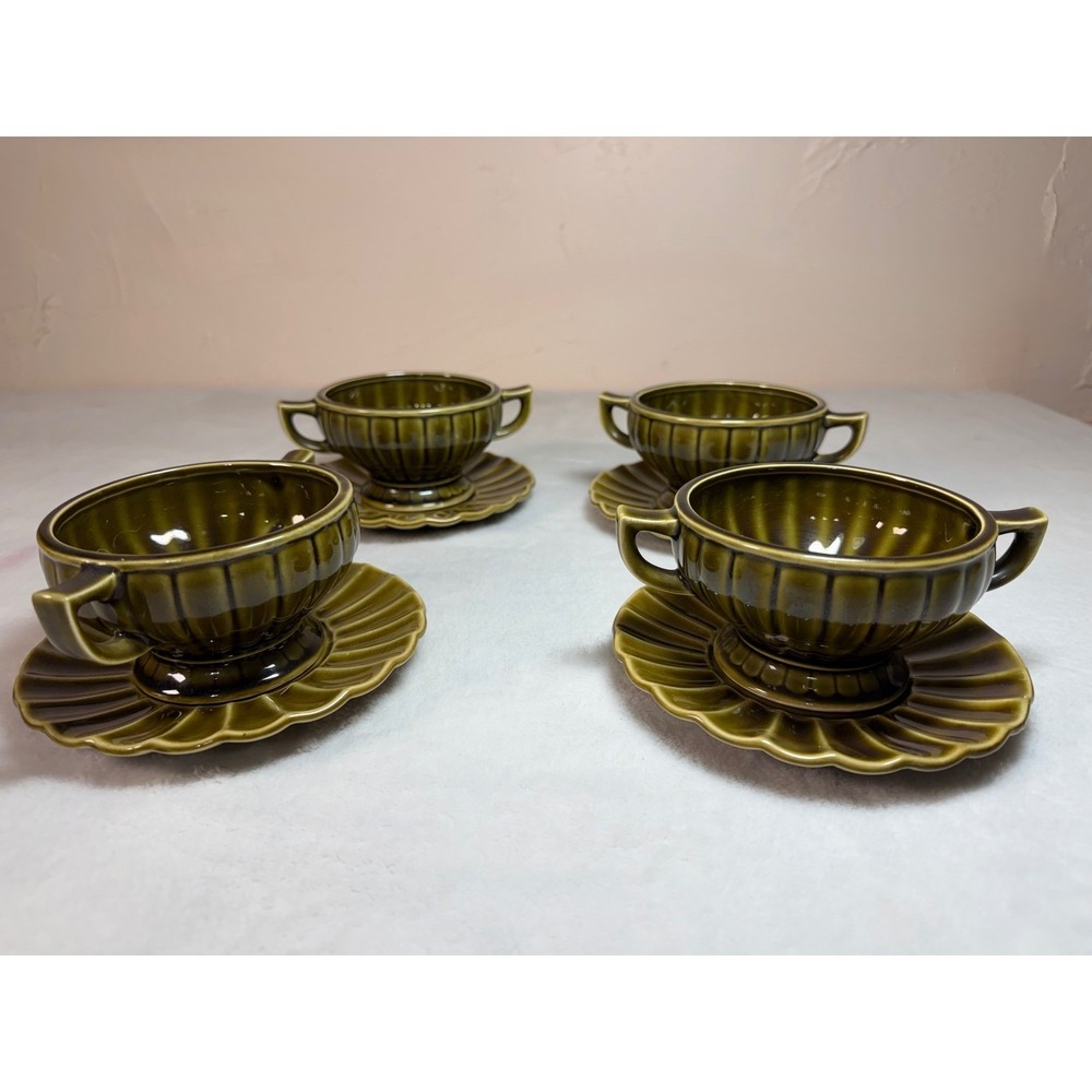 Vintage Avocado Green Ribbed Soup Bowls with Saucers Set of 4 Double Handle